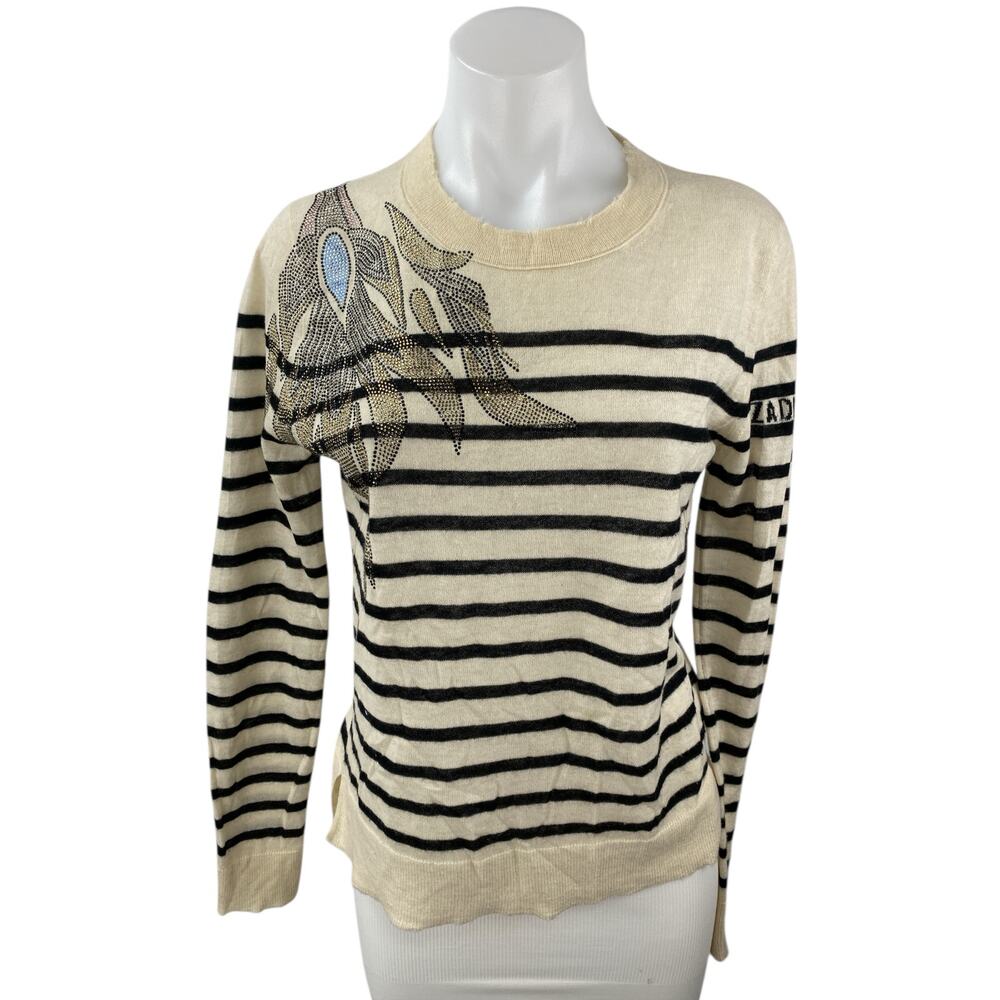 Zadig & Voltaire 100% Cashmere Cream Striped Long Sleeve Knit Sweater Top Sz XS
